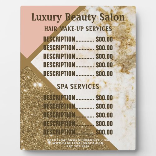 Trendy Gold Marble Glittery Hair SPA Salon Price Plaque