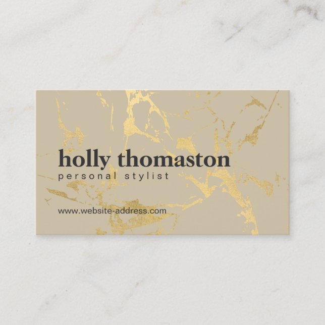 Trendy Gold Marble Pattern on Tan Designer Business Card (Front)