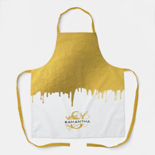 Trendy Gold Metallic Drips Monogram Apron