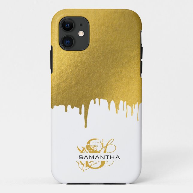 Trendy Gold Metallic Drips Monogram Case-Mate iPhone Case (Back)