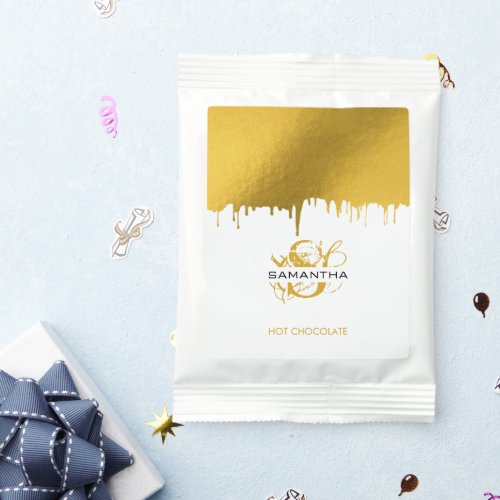 Trendy Gold Metallic Drips Monogram  Hot Chocolate Drink Mix