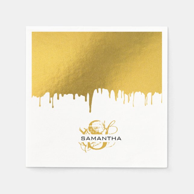 Trendy Gold Metallic Drips Monogram Napkins (Front)