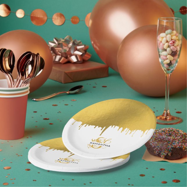 Trendy Gold Metallic Drips Monogram Paper Plates (Multi)