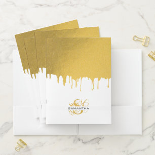 Trendy Gold Metallic Drips Monogram Pocket Folder