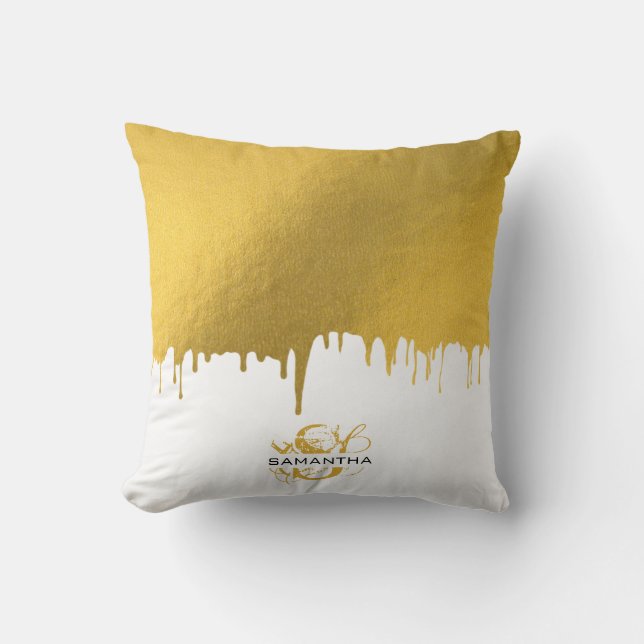 Trendy Gold Metallic Drips Monogram Throw Pillow (Front)