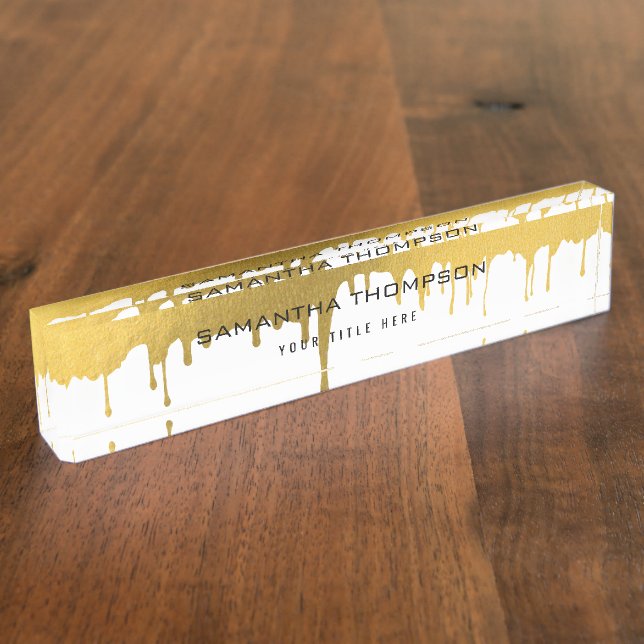 Trendy Gold Metallic Drips Script Custom Desk Name Plate (Side)