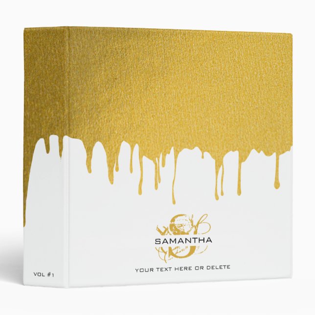 Trendy Gold Metallic Drips Script Monogram  3 Ring Binder (Front/Spine)