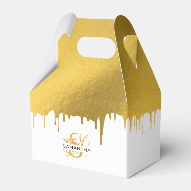 Trendy Gold Metallic Drips Script Monogram Favor Boxes (Front Side)