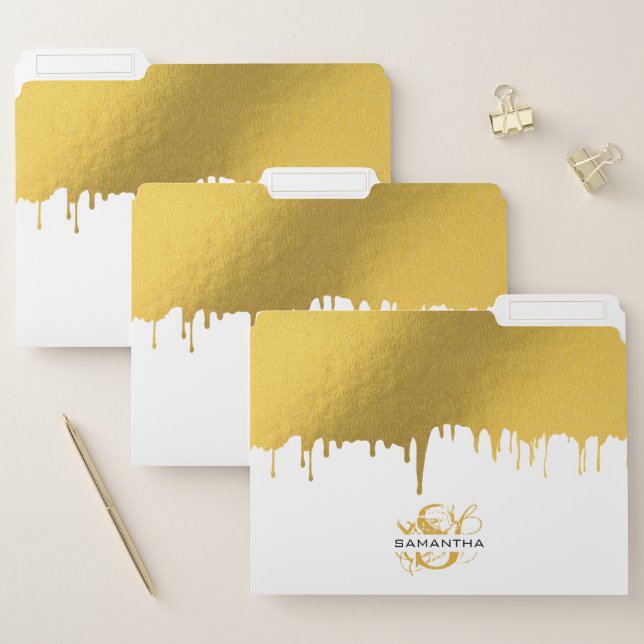 Trendy Gold Metallic Drips Script Monogram File Folder (Set)