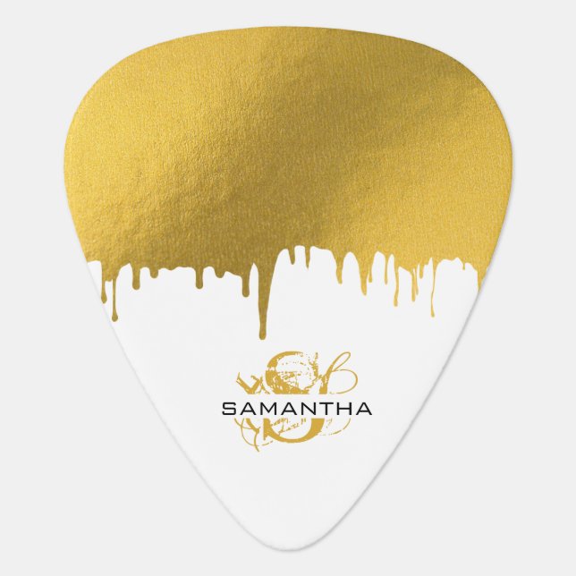 Trendy Gold Metallic Drips Script Monogram Guitar Pick (Front)