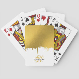 Trendy Gold Metallic Drips Script Monogram Poker Cards