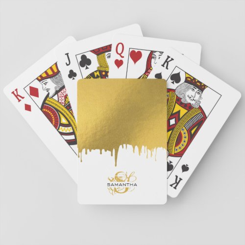 Trendy Gold Metallic Drips Script Monogram Poker Cards