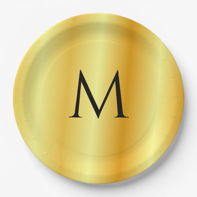Trendy Gold Modern Elegant Monogrammed Template Paper Plates (Front)