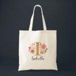 Trendy Gold Monogram Initial Script Name Tote Bag<br><div class="desc">A beautiful,  feminine monogrammed pink floral tote bag featuring pink flowers and a faux gold monogram letter "I". Personalize the tote bag by adding your name underneath the monogram. Makes a fun gift for a friend or for a bridesmaid gift. Designed for you by Blackberry Boulevard.</div>