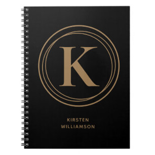 Trendy Gold Monogram Name Black Notebook