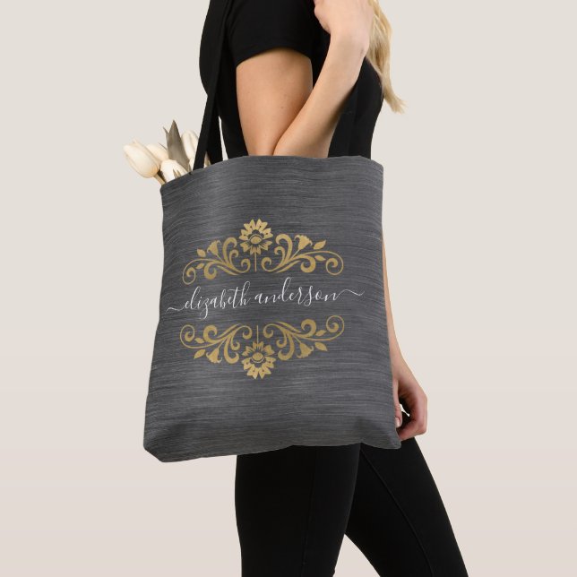 Trendy Gold Monogram Name Script Tote Bag (Close Up)