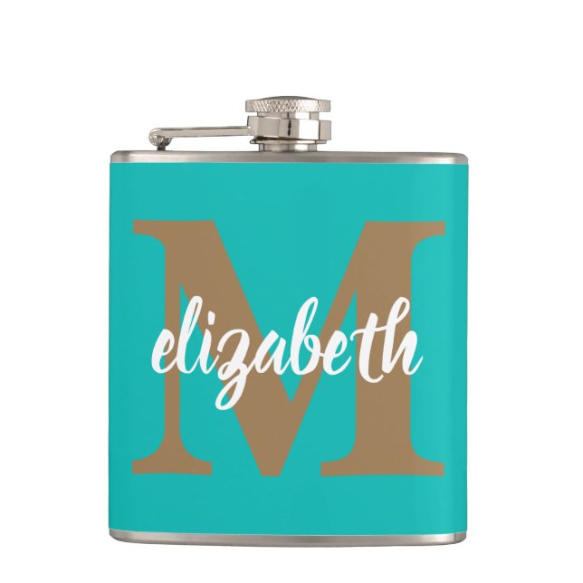Trendy Gold Monogram Script Name on Turquoise  Flask (Front)