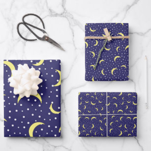Trendy Gold Moon & Gold Stars Dark Blue Sky Theme Wrapping Paper Sheets