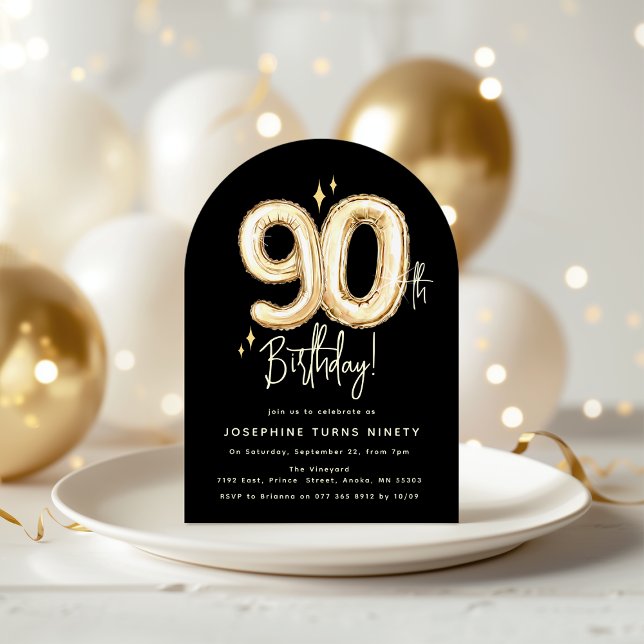 Trendy Gold Ninety Balloons 90th Birthday Party Invitation (Creator Uploaded)