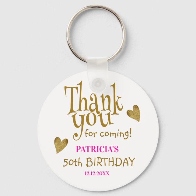 Trendy Gold Pink 50th Birthday Thank You Favor   Keychain (Front)