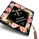 Trendy Gold Pink Floral Medical Nursing Graduation Cap Topper<br><div class="desc">Nursing graduation cap topper featuring a trendy black background,  cute pink watercolor flowers,  the medical symbol caduceus,  the students name,  and class year.</div>