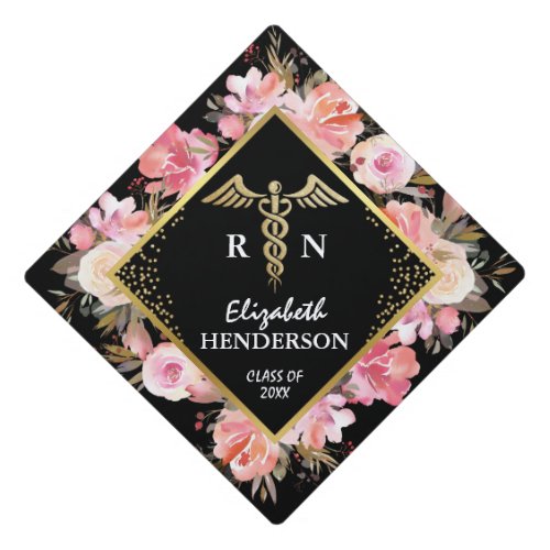 Trendy Gold Pink Floral Medical Nursing Graduation Cap Topper Trendy Gold Pink Floral Medical Nursing Graduation Cap Topper