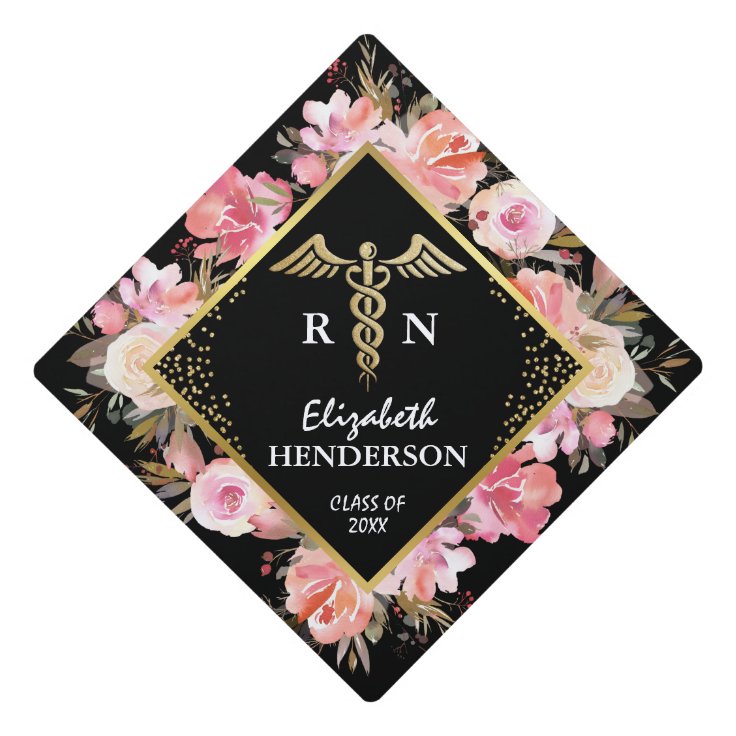 Trendy Gold Pink Floral Medical Nursing Graduation Cap Topper | Zazzle