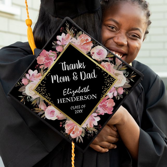 Trendy Gold Pink Floral Thanks Mom & Dad Graduation Cap Topper (Creator Uploaded)