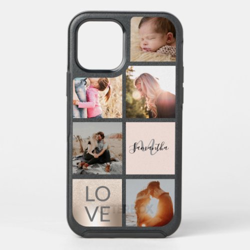 Trendy gold pink monogram love photo collage grid OtterBox symmetry iPhone 12 case