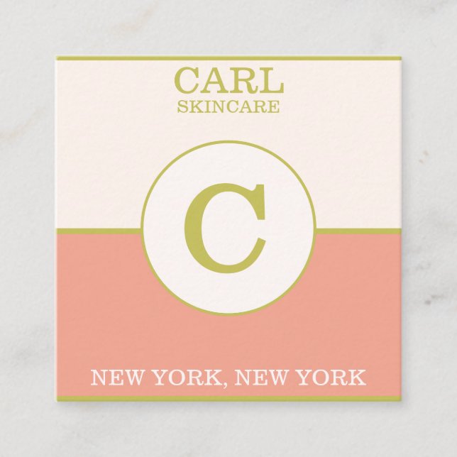 Trendy Gold Pink Salmon Beauty Salon Monogram Square Business Card (Front)