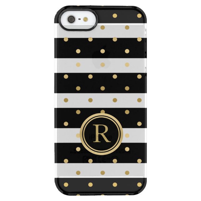 Trendy Gold Polka Dots & Black & White Stripes Uncommon iPhone Case (Back)
