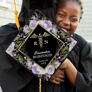 Trendy Gold Purple Floral Medical Nursing Graduation Cap Topper