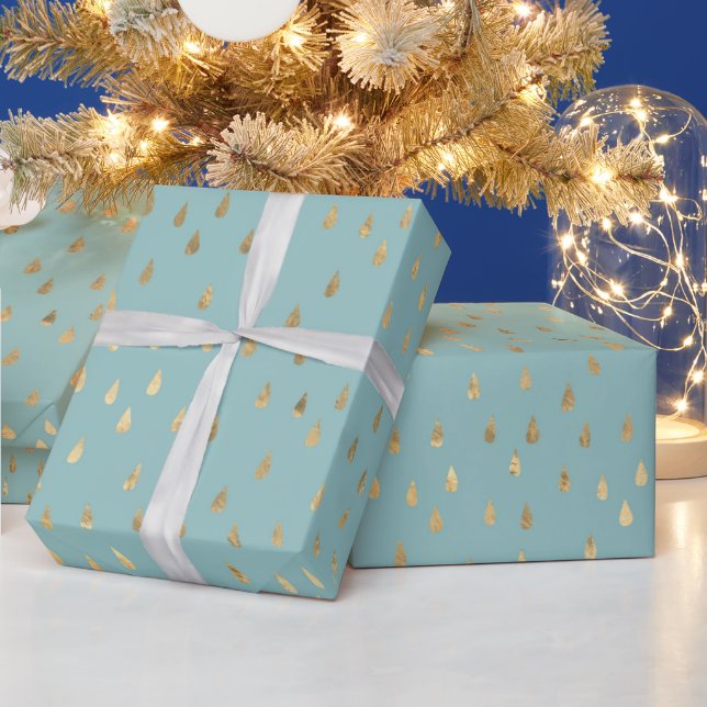 Trendy Gold Raindrops Cyan Wrapping Paper (Holidays)
