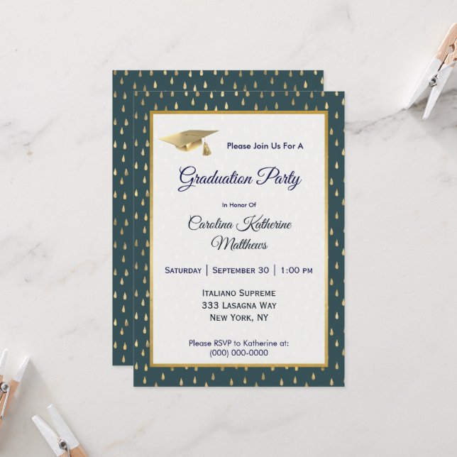 Trendy Gold Raindrops Slate Gray Graduation  Invitation (Front/Back In Situ)