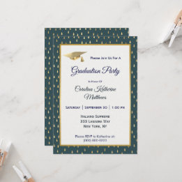 Trendy Gold Raindrops Slate Gray Graduation Invitation