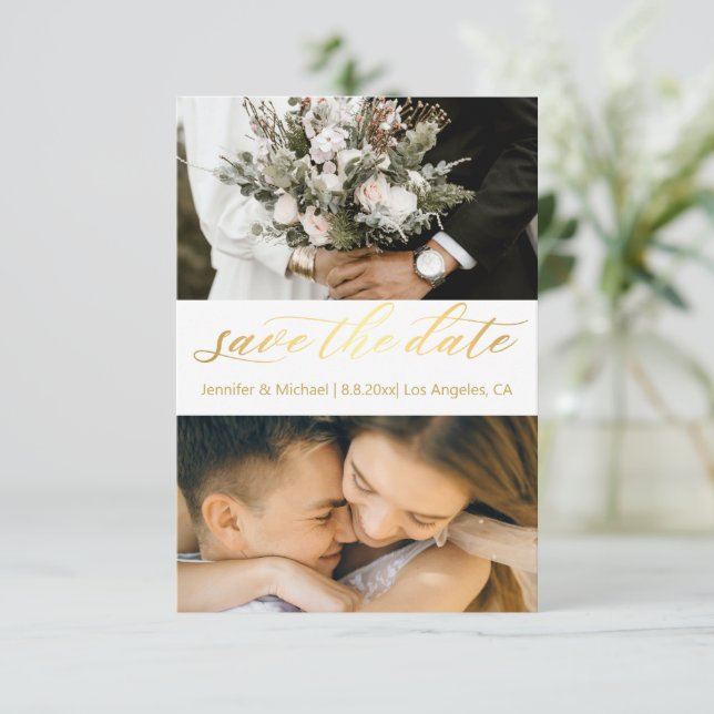trendy gold script 2photos save the date card (Standing Front)