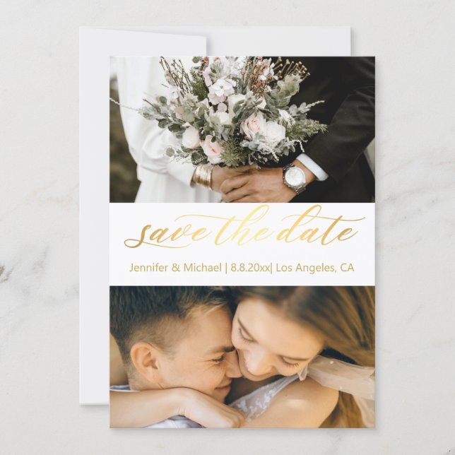 trendy gold script 2photos save the date card (Front)