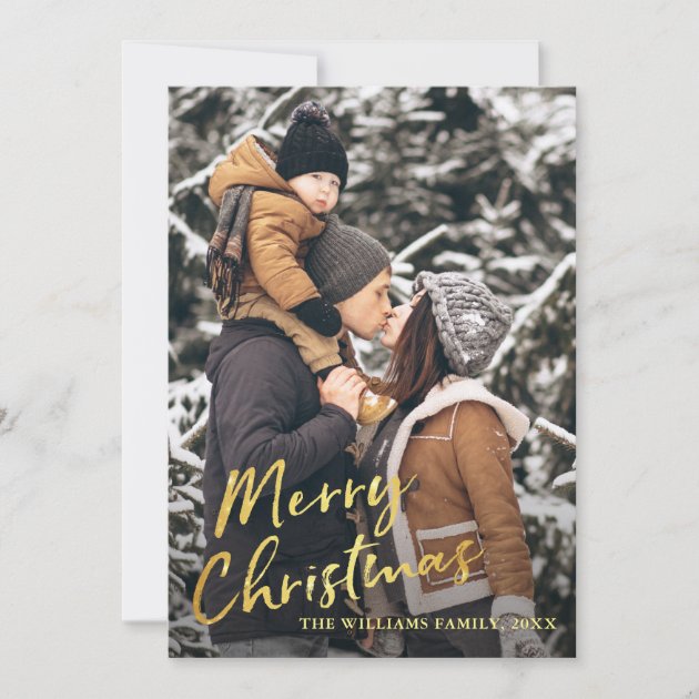 Trendy Gold Script Christmas Greeting 2 Photos Holiday Card