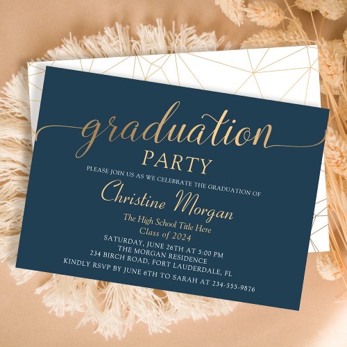 Trendy Gold Script Navy Blue Graduation Party Invitation