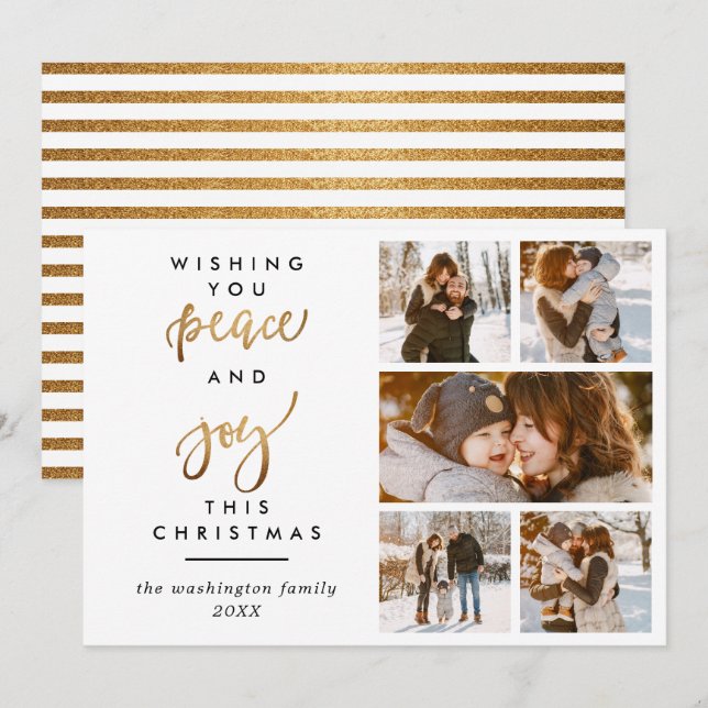 Trendy Gold Script Peace & Joy Christmas 5 Photo Invitation (Front/Back)