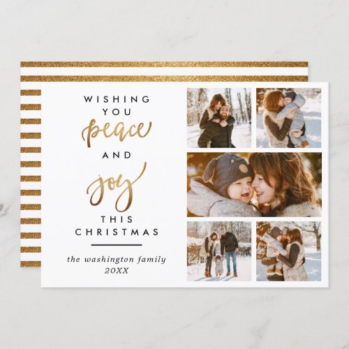 Trendy Gold Script Peace  Joy Christmas 5 Photo Invitation