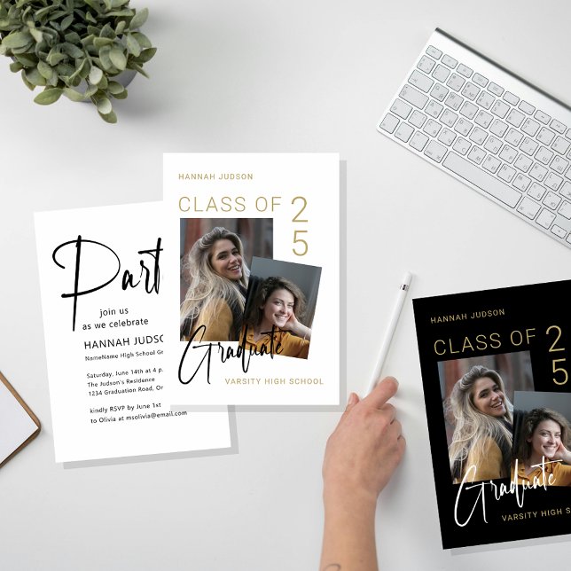 Trendy Gold Script Photo White Graduation Party Invitation (Creator Uploaded)