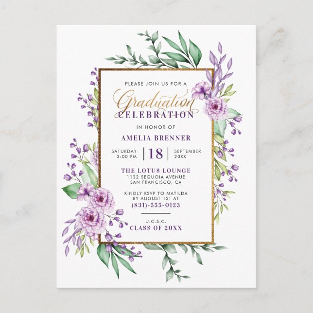 Trendy Gold Script Purple Floral Graduation Party Invitation Postcard (Front)