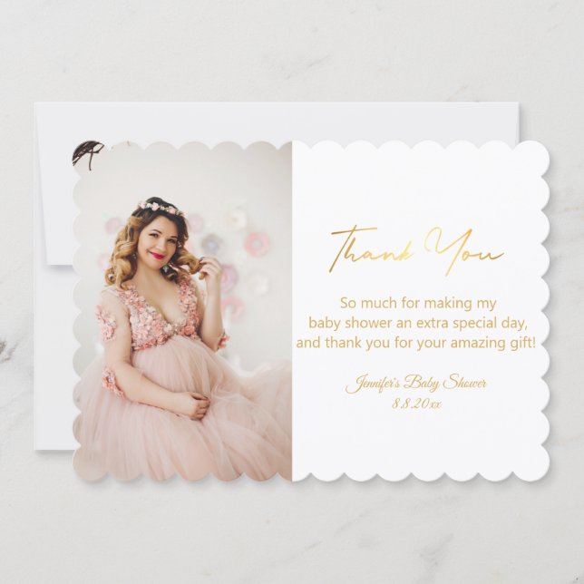  trendy gold script thank you baby shower photo  note card (Front)