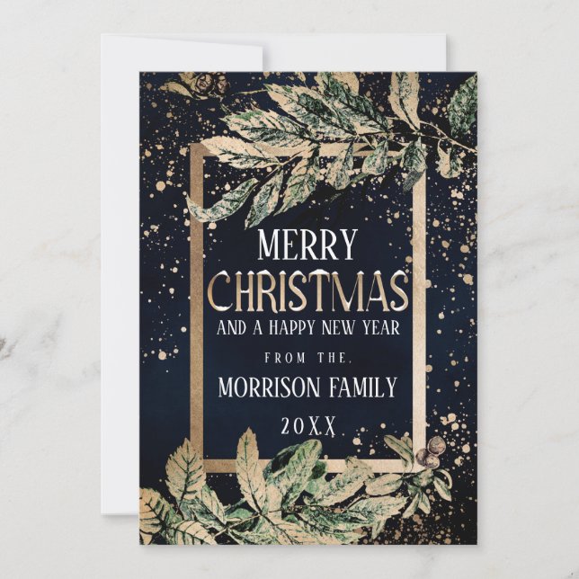 Trendy Gold Splatter Foliage Navy Blue Christmas Holiday Card (Front)