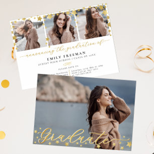 Trendy Gold Star 4-Photo Graduation Party Invitation