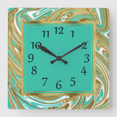 Trendy Gold Teal and White Marble and Gold Square Wall Clock