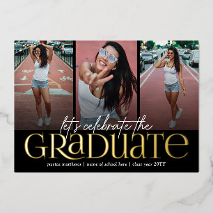 Trendy Gold Typography Photo Collage Graduation Foil Invitation