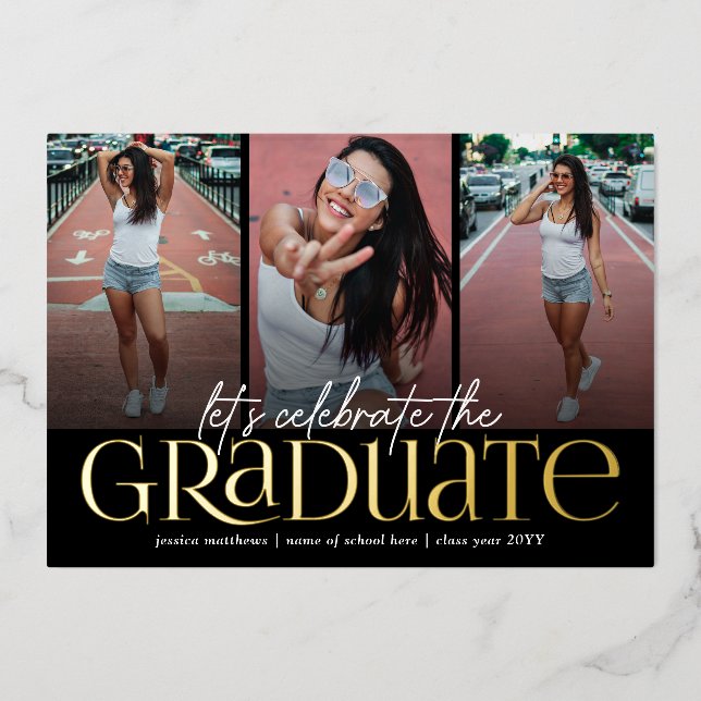 Trendy Gold Typography Photo Collage Graduation Foil Invitation (Front)