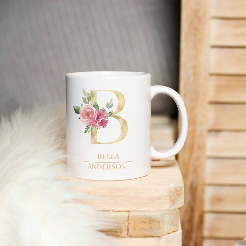 Trendy Gold Watercolor Flower Letter B  Monogram  Coffee Mug